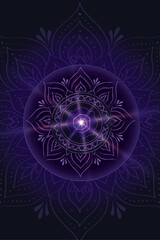 Spiral Bloom of the Multidimensional Flow	Invented chakra symbol of transformation and flow, centered in a glowing mandala with scalloped ring, lotus petals, and layered sacred geometry. 