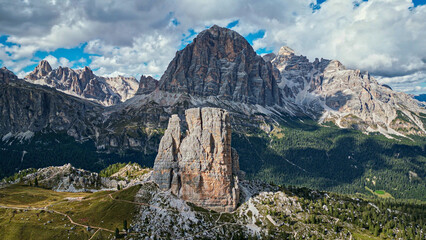 Panoramic aerial view of the idyllic Torre Grande - one of the Cinque Torri rock formations. Hiking trails and rocky mountains near Cortina d'Ampezzo, Dolomites, Italy