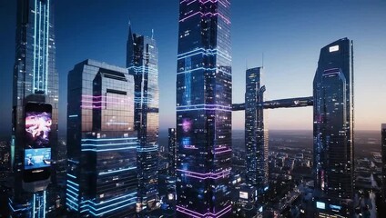 A cityscape of futuristic skyscrapers with vibrant neon lights, a bridge and large screens - Powered by Adobe