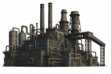 Industrial factory building illustrating manufacturing, pollution, and energy production, with many pipes and chimneys, transparent background