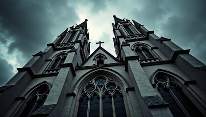 Gothic cathedral with tall towers under dramatic cloudy sky, architectural photography in dark cinematic tones, symbol of faith and mystery