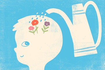 Child Mental Health Concept Illustration with Flowers and Watering Can