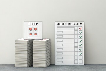 Stacked papers next to a checklist about sequential system