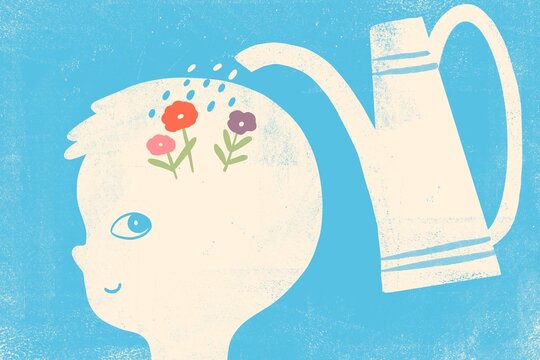Child Mental Health Concept Illustration with Flowers and Watering Can