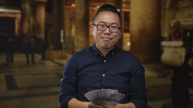 Man fans rupiah banknotes with hands inside a church building, smiling while displaying money; satisfaction abundance.