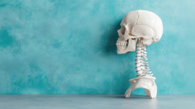 Human skull model with cervical vertebrae, against turquoise background