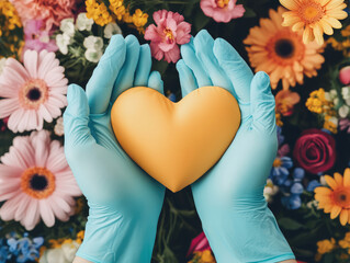 Bright yellow heart held by gloved hands amidst vibrant floral arrangement, symbolizing care and compassion. colorful flowers create lively backdrop, enhancing emotional connection