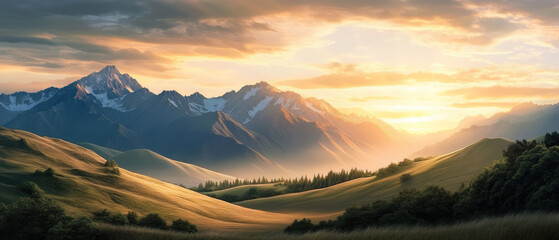 Breathtaking mountain landscape at sunset, with golden light illuminating rolling hills and peaks. scene evokes sense of peace and natural beauty, perfect for outdoor enthusiasts