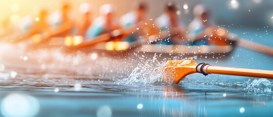 Dynamic scene of rowing with splashes of water and blurred rowers in background, capturing energy and motion of sport