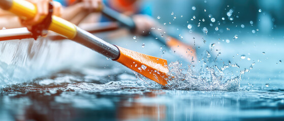 Dynamic scene of rowing with oars splashing water, teamwork and athleticism. vibrant colors and motion capture energy of sport