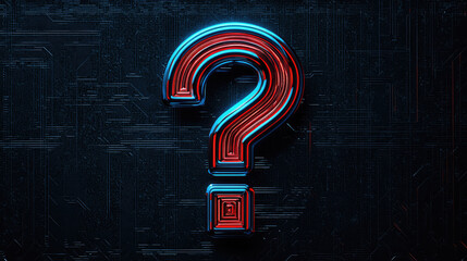 vibrant 3D question mark design with electric blue and red colors against dark, textured background, evoking curiosity and intrigue