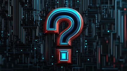3D question mark design with electric blue and red accents on dark circuit board background, evoking curiosity and intrigue
