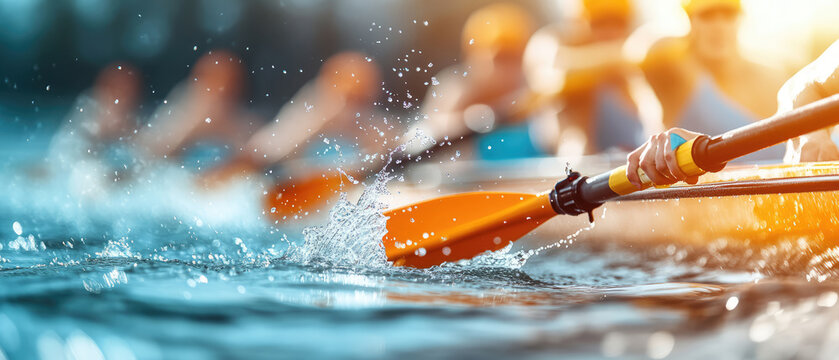 Dynamic scene of rowing with splashes of water and vibrant colors. focus is on oars and energy of activity, capturing excitement of teamwork on water