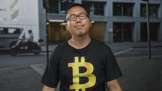 Man wearing a black bitcoin t shirt with arms outstretched and head tilted back on a city street; cryptocurrency optimism community.
