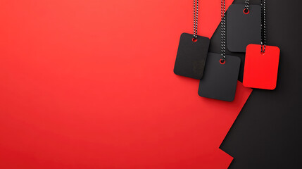 Minimalist design featuring black and red price tags on vibrant red background, perfect for sales and promotions. contrast creates striking visual appeal