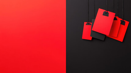 Minimalist red and black price tags hanging on strings against contrasting background. Perfect for sales promotions and marketing materials