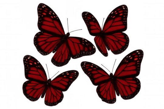 Four red monarch butterflies flying, colorful tropical insects with black and white accents, transparent background