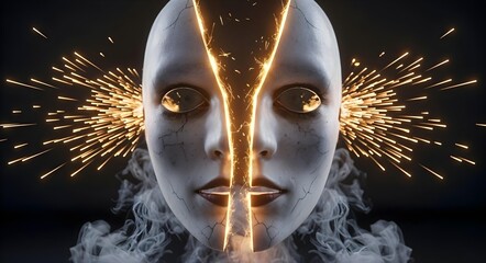 Futuristic AI Face Featuring Sparks and Smoke Effects That Enhance Its Overall Appearance