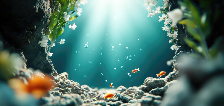 Underwater cave with vibrant fish and bubbles, illuminated by sunlight filtering through water. scene is filled with colorful coral and aquatic plants, creating lively underwater environment