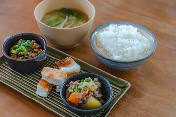Japanese breakfast with rice, miso soup and natto
