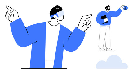 Person using VR headset pointing interactively, another holding tablet and holographic element. Ideal for technology, innovation, collaboration, imagination, virtual learning, creativity, digital