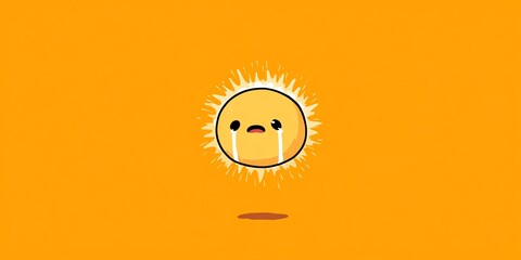A whimsical sun character expressing sadness, set against a vibrant orange background, evoking emotions of warmth and melancholy.