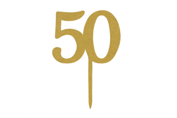Golden glitter number 50 cake topper celebrating anniversary