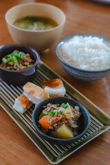 Japanese breakfast with rice, miso soup and natto
