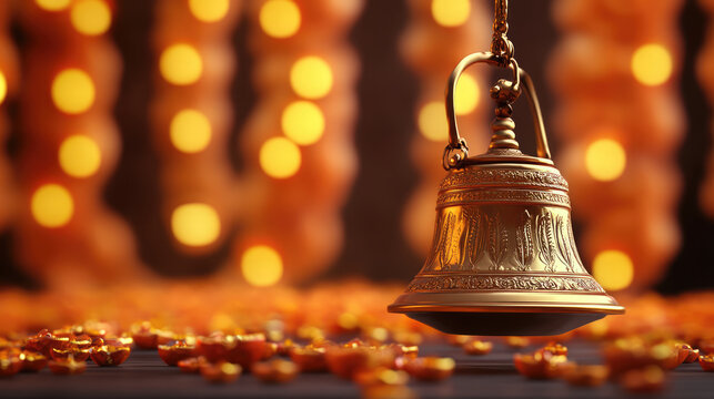 Golden bell hanging with blurred lights in background, surrounded by flower petals, creating festive . This captures essence of celebration and tradition