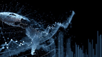 Abstract digital visualization of global finance and technology trends with data analysis graphics and world map representation.