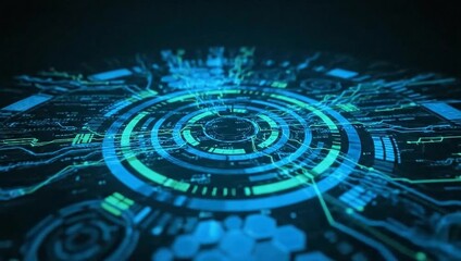 A futuristic digital interface, with concentric circles and intricate circuit patterns, emitting a cool blue and green glow - Powered by Adobe
