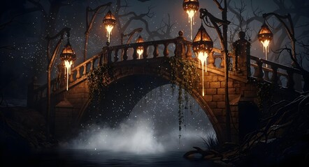 A Mysterious and Enchanted Bridge Beneath the Twilight Sky, Filled with Magic and Intrigue