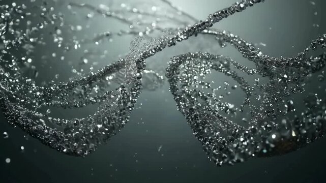 A dynamic and abstract video of a stream of liquid metal or diamond particles swirling and flowing in a unique, futuristic, and elegant motion