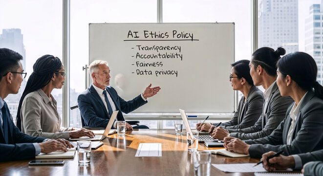 Senior executive explaining company's AI Ethics Policy to business team during boardroom meeting, gesturing toward whiteboard and addressing transparency, accountability, fairness and data privacy