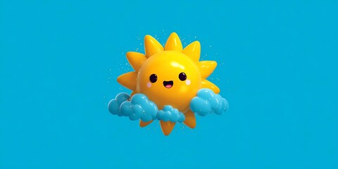 Cheerful cartoon sun with a smile and fluffy clouds against a bright blue background, perfect for adding warmth to any design.