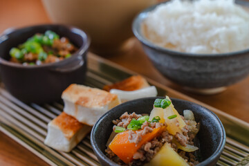 Japanese breakfast with rice, miso soup and natto
