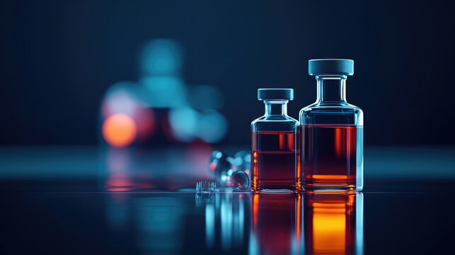 Bottles containing orange liquid are placed on ive surface, creating striking visual effect. background features blurred shapes, enhancing focus on bottles