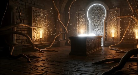 A Mystical Doorway Enveloped by Ancient Roots and Bathed in a Soft, Glowing Light that Enchants