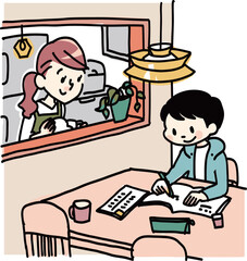 ダイニングテーブルで勉強する子供と母