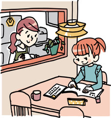 ダイニングテーブルで勉強する子供と母