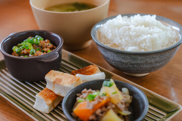 Japanese breakfast with rice, miso soup and natto
