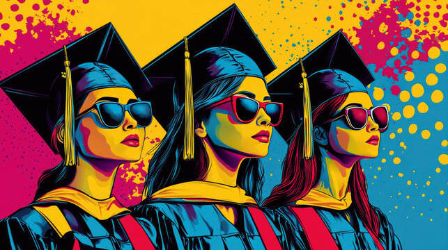 Graduates in caps and gowns wearing sunglasses, celebrating achievement with vibrant colors and artistic flair. Their s pride and joy in this colorful illustration
