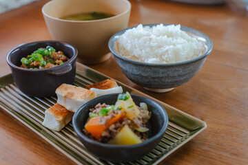 Japanese breakfast with rice, miso soup and natto
