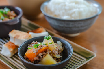 Japanese breakfast with rice, miso soup and natto
