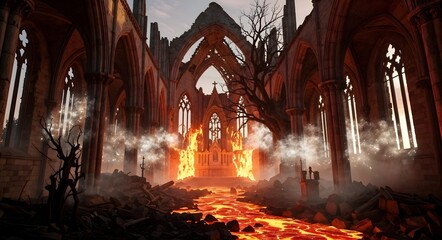 Fiery Ruins An Abandoned, Majestic Cathedral Surrounded by Flowing Lava and Chaos