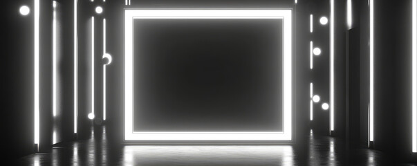 modern interior space featuring large illuminated frame surrounded by vertical light strips. sleek design creates striking visual impact, perfect for artistic displays