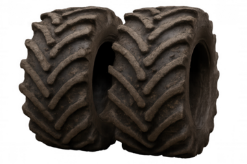Tractor tires with heavy duty tread and mud, showing agricultural equipment and farming work on transparent background