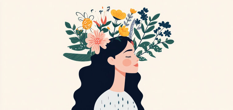 woman with long dark hair is surrounded by colorful flowers and greenery, symbolizing mental health awareness and positivity. vibrant floral arrangement above her head represents growth and well