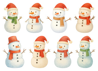 PNG Charming watercolor snowman illustrations, element set on transparent background