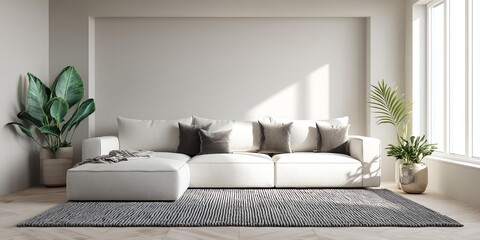 Spacious and modern living room featuring a stylish white sofa, decorative cushions, and vibrant indoor plants for a fresh ambiance.